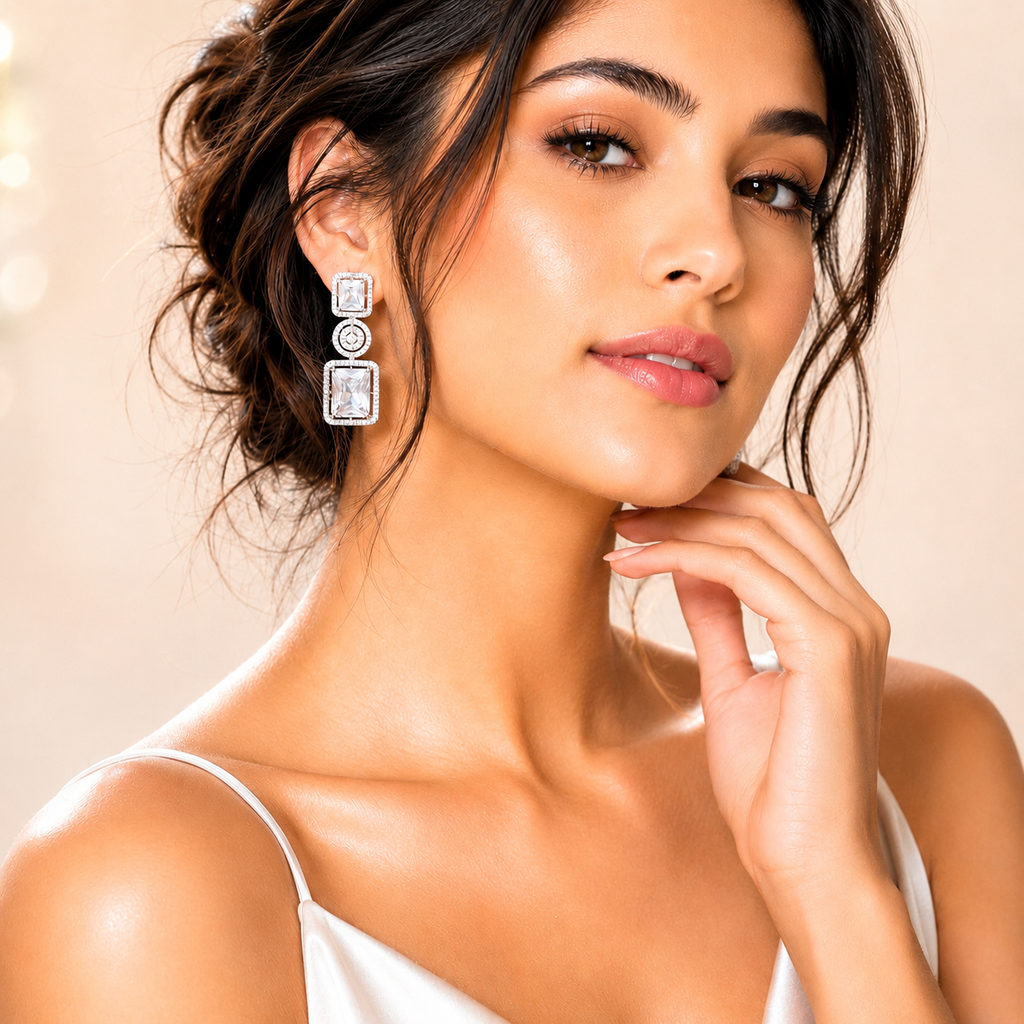 Silver-Tone Emerald-Cut American Diamond Geometric Drop Earrings