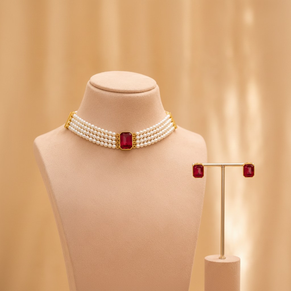 Classic Pearl Ruby Choker Set