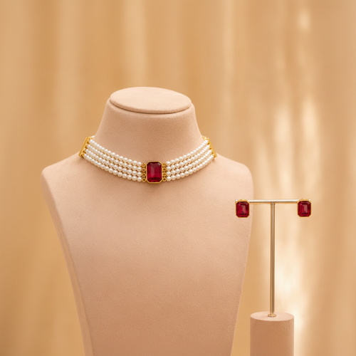 Classic Pearl Ruby Choker Set