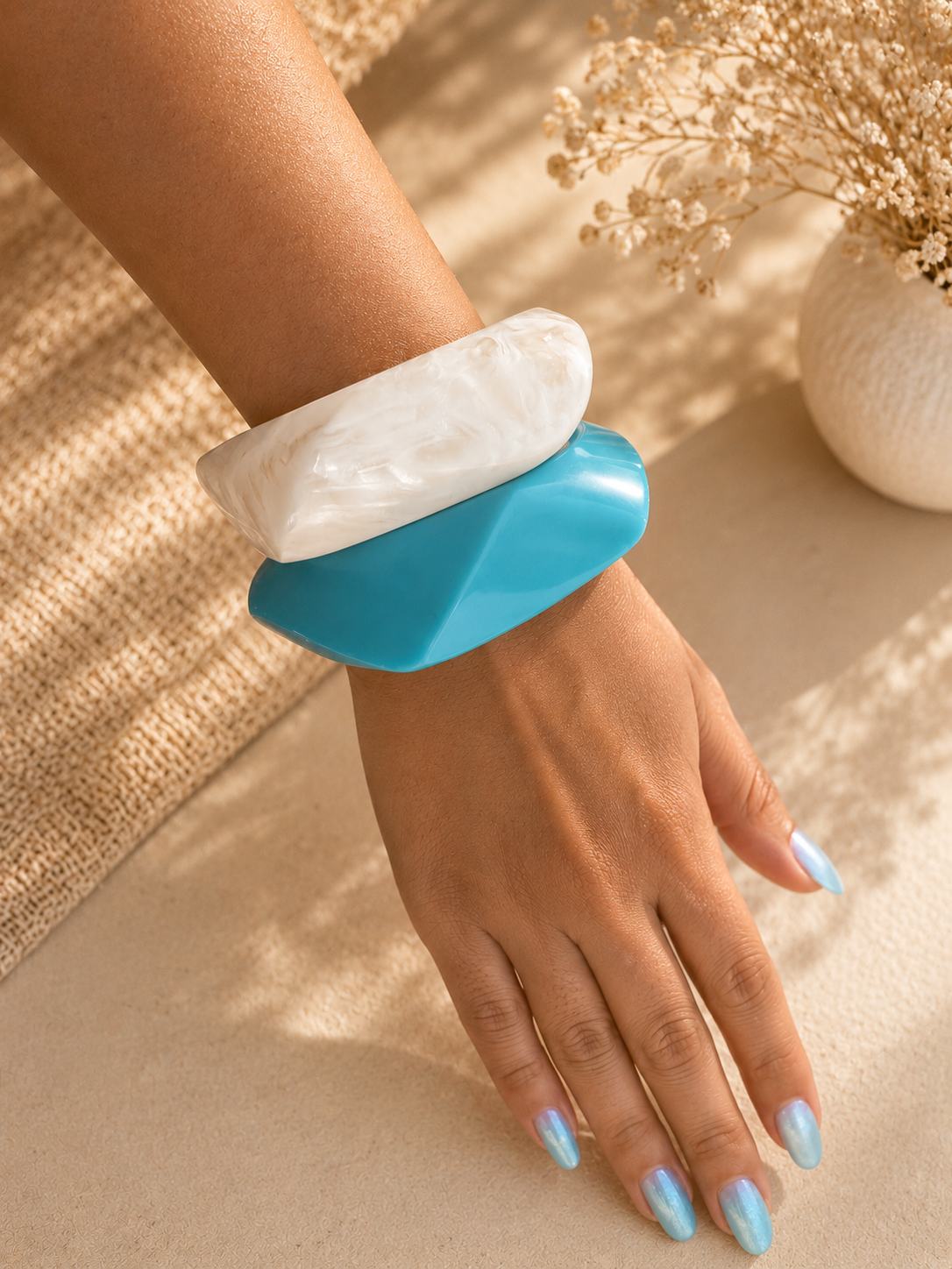 White & Turquoise Resin Statement Bangles ( Set of 2)