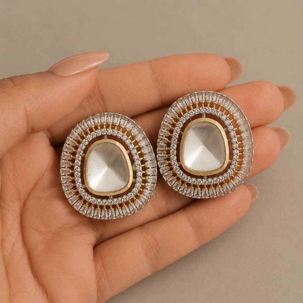 Oversized Moissanite Polki Studs with AD Baguette Outer Border