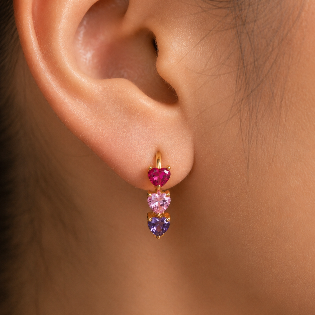 Multi-Color Heart Gemstone Huggie Hoops | Ruby Pink Purple