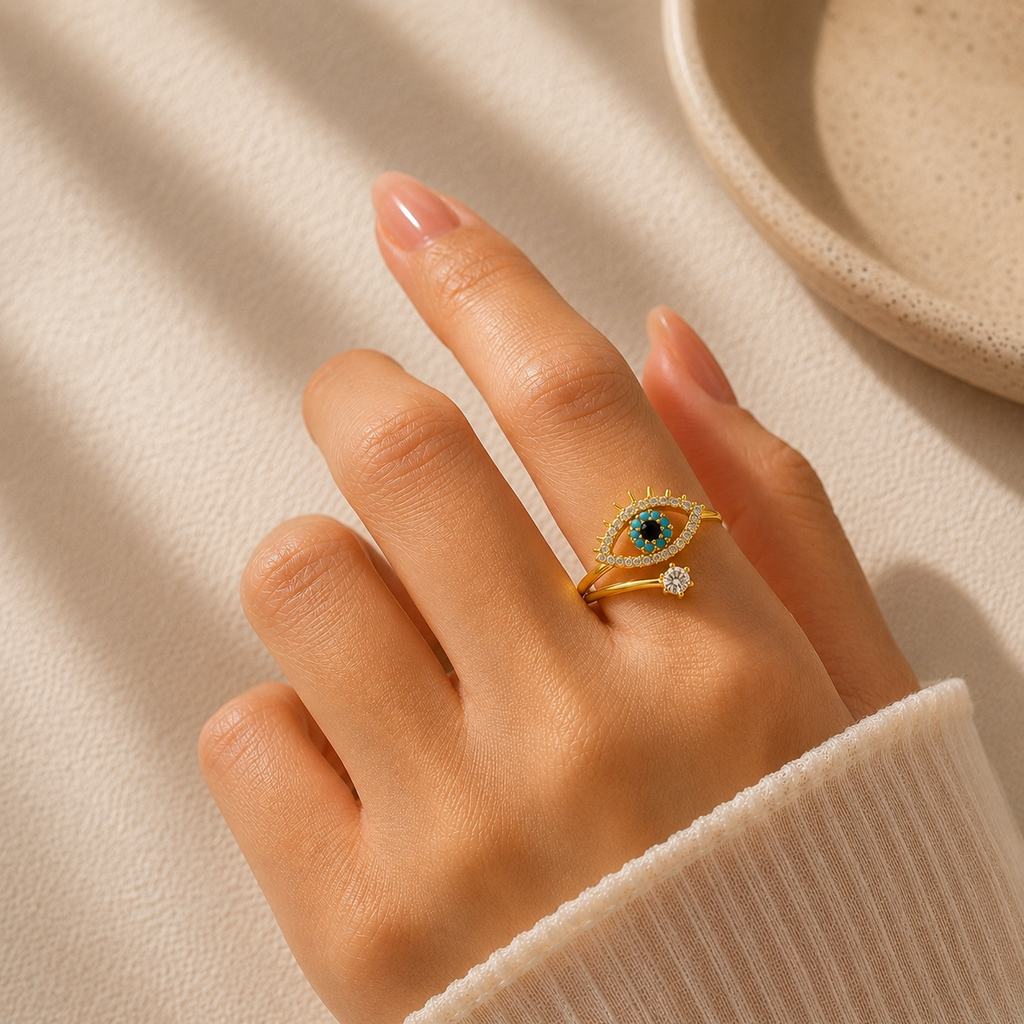 Gold Plated Evil Eye Adjustable Finger Ring