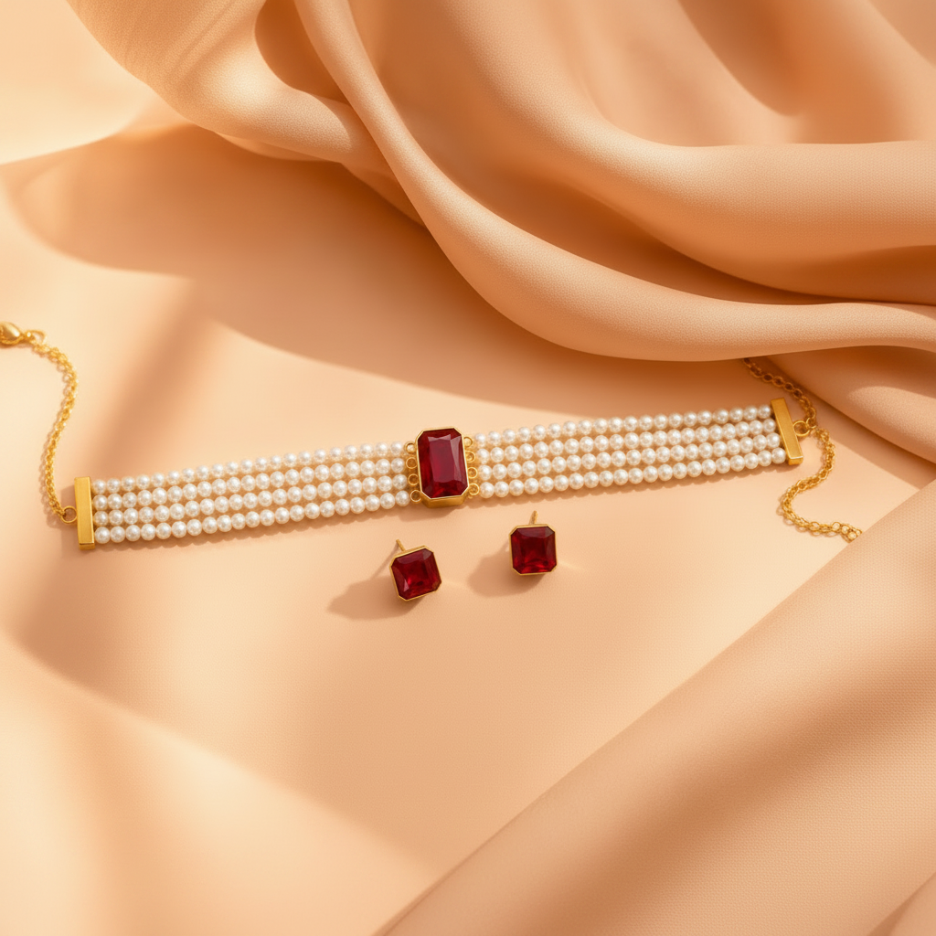 Classic Pearl Ruby Choker Set