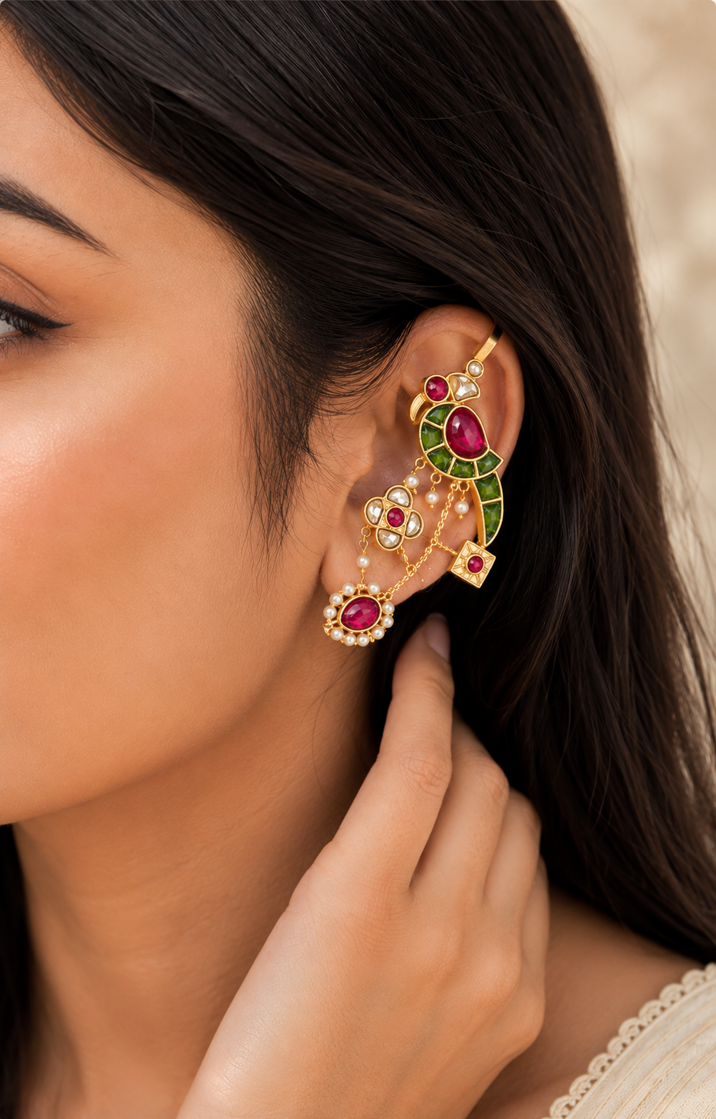 Royal Bird Ear Cuff – Gold Plated | Kundan & Pearl Statement Jewellery