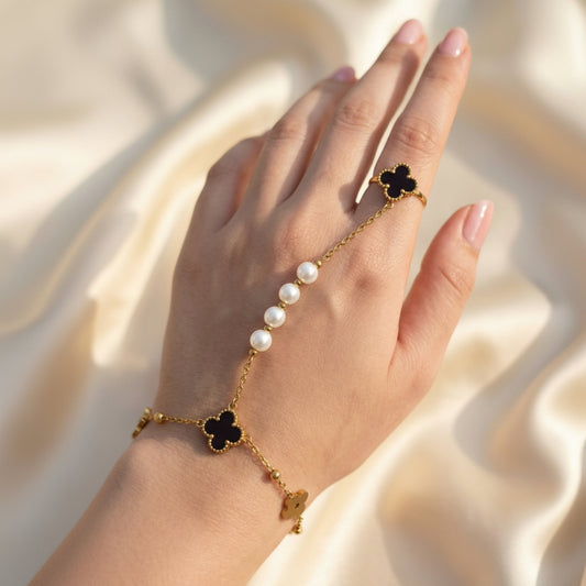 18k Gold-Plated Clover and Pearl Hand Chain (Ring Bracelet)