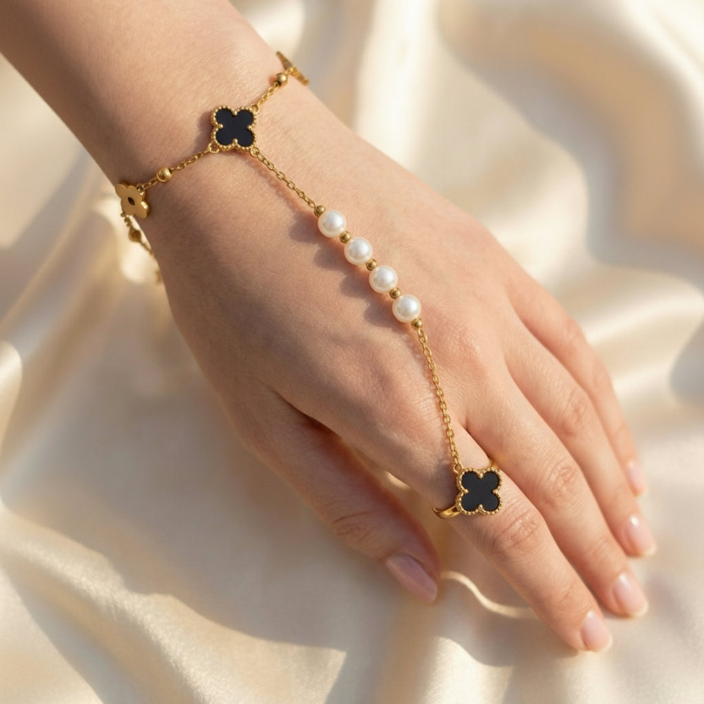 18k Gold-Plated Clover and Pearl Hand Chain (Ring Bracelet)