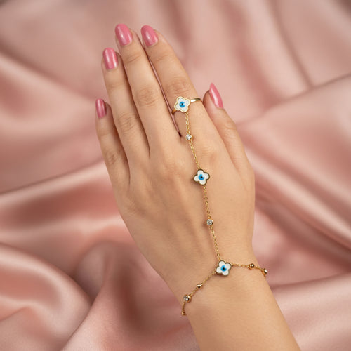 Adjustable Gold Plated Evil Eye Clover Hand Chain (Ring Bracelet)