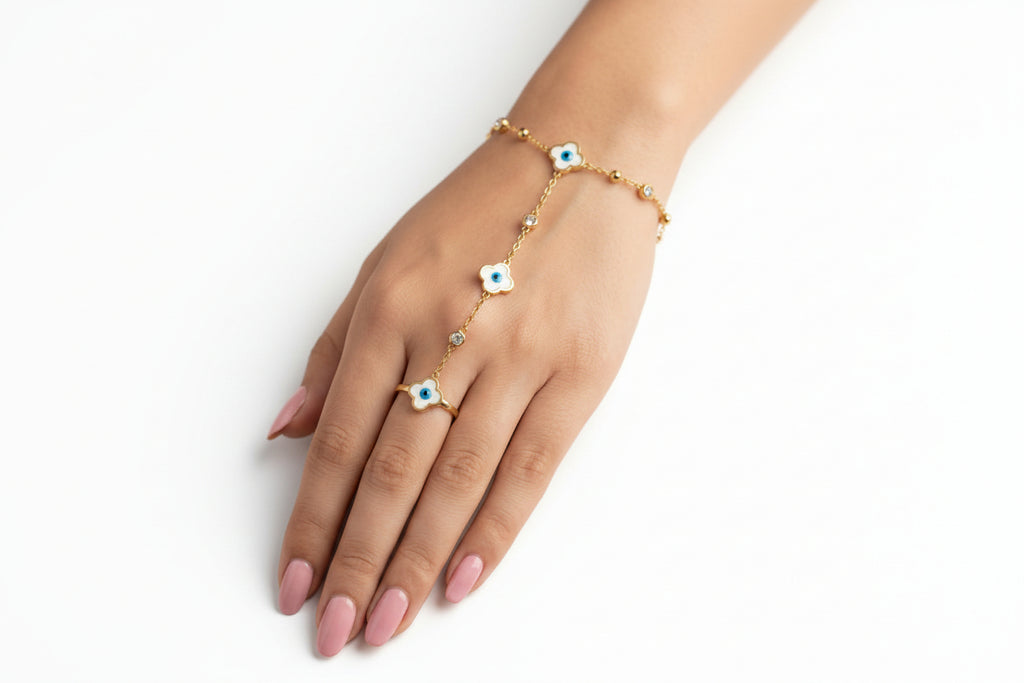 Adjustable Gold Plated Evil Eye Clover Hand Chain (Ring Bracelet)