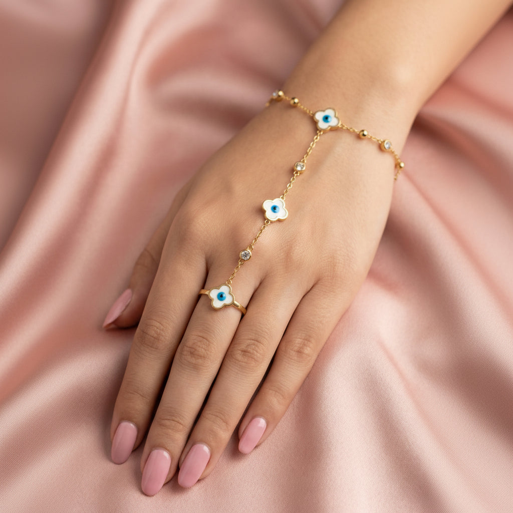 18K Gold Plated Evil Eye Clover Hand Chain (Ring Bracelet)
