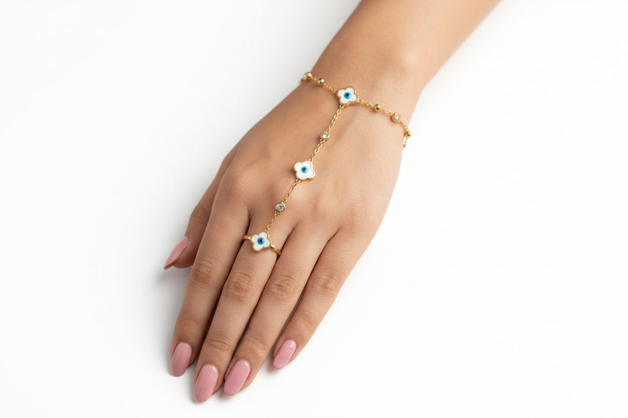 Adjustable Gold Plated Evil Eye Clover Hand Chain (Ring Bracelet)