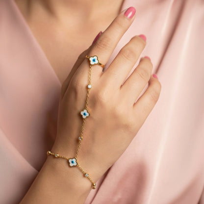 18K Gold Plated Evil Eye Clover Hand Chain (Ring Bracelet)
