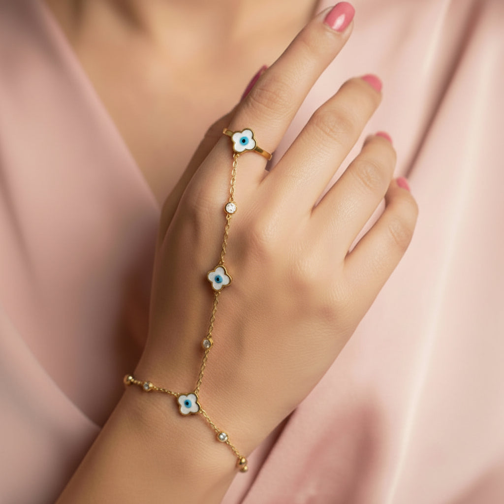 Adjustable Gold Plated Evil Eye Clover Hand Chain (Ring Bracelet)