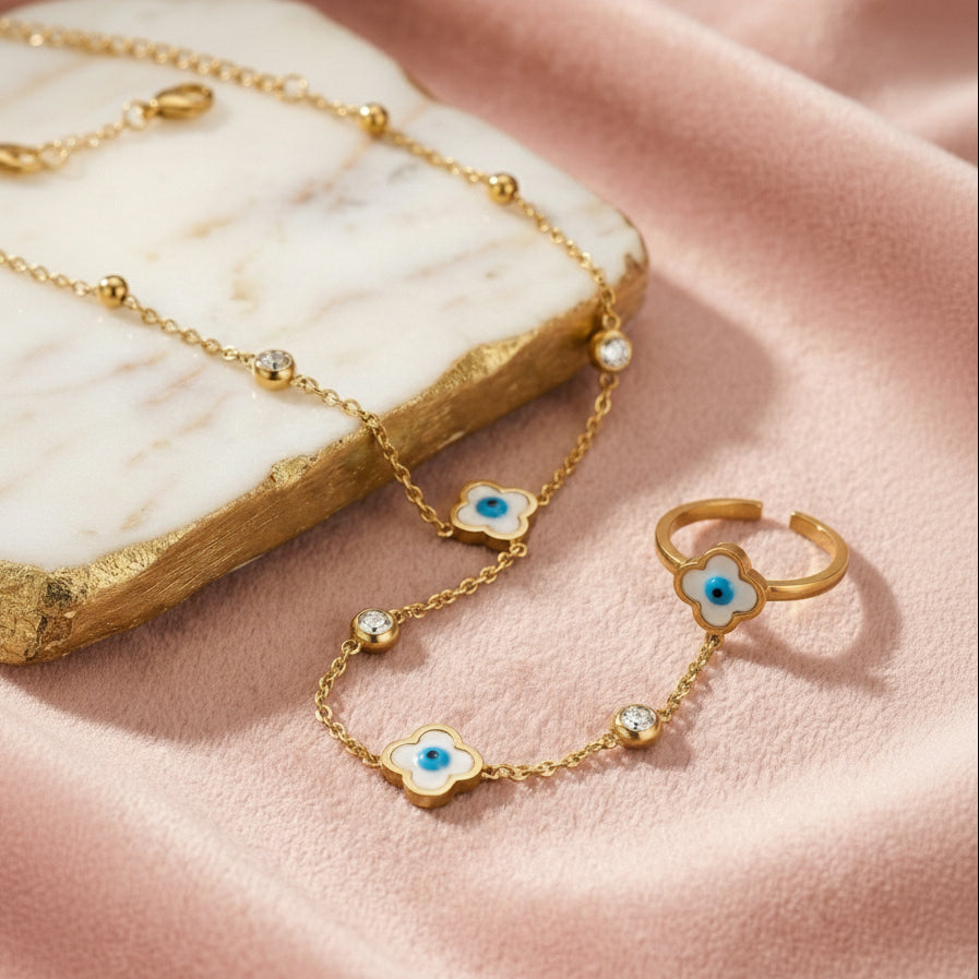 Adjustable Gold Plated Evil Eye Clover Hand Chain (Ring Bracelet)