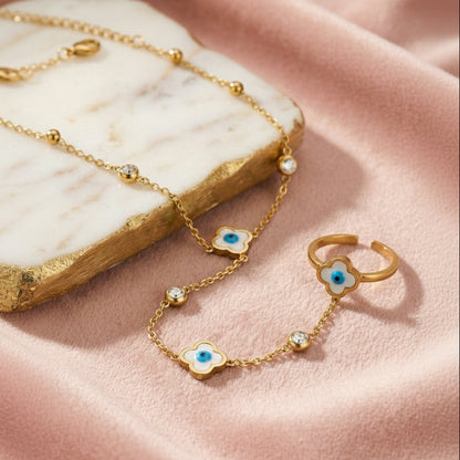 18K Gold Plated Evil Eye Clover Hand Chain (Ring Bracelet)