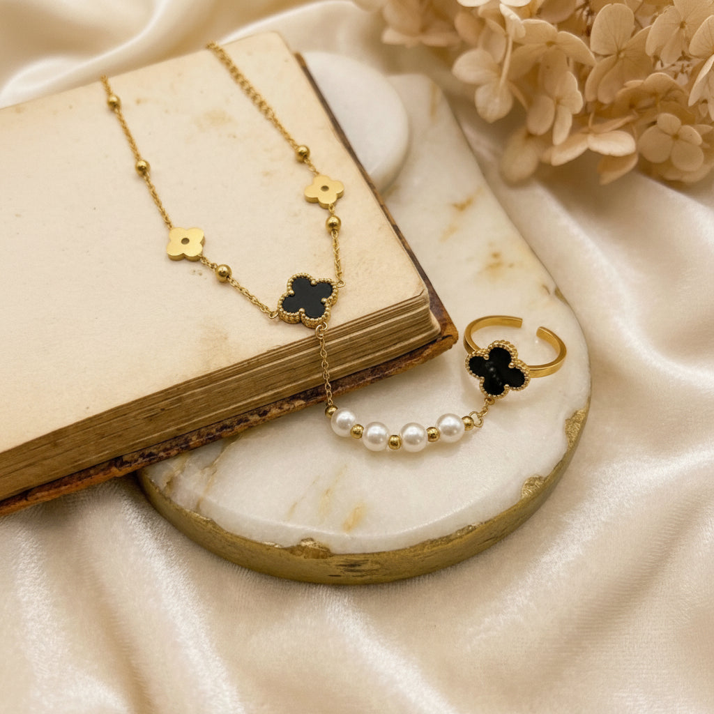 18k Gold-Plated Clover and Pearl Hand Chain (Ring Bracelet)
