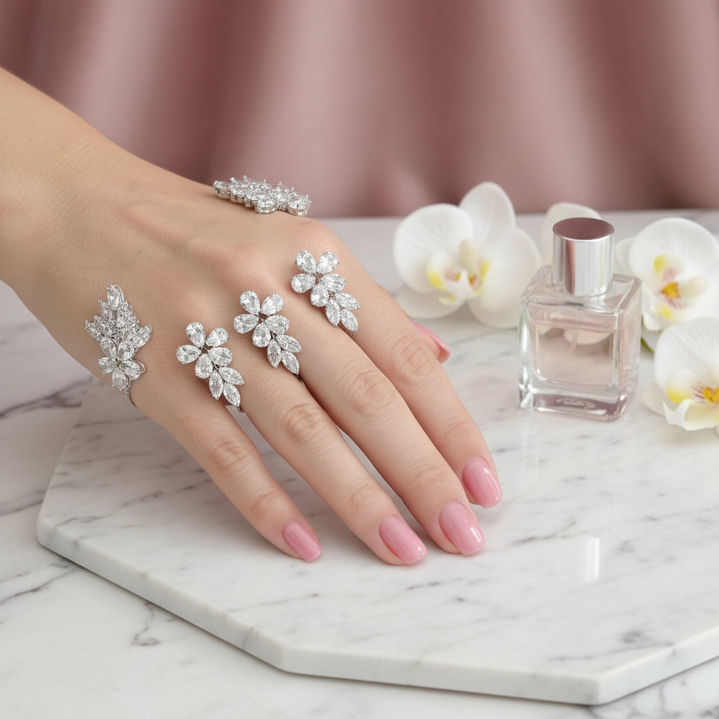 CZ Studded Palm Cuff Wrap  - Silver Tone