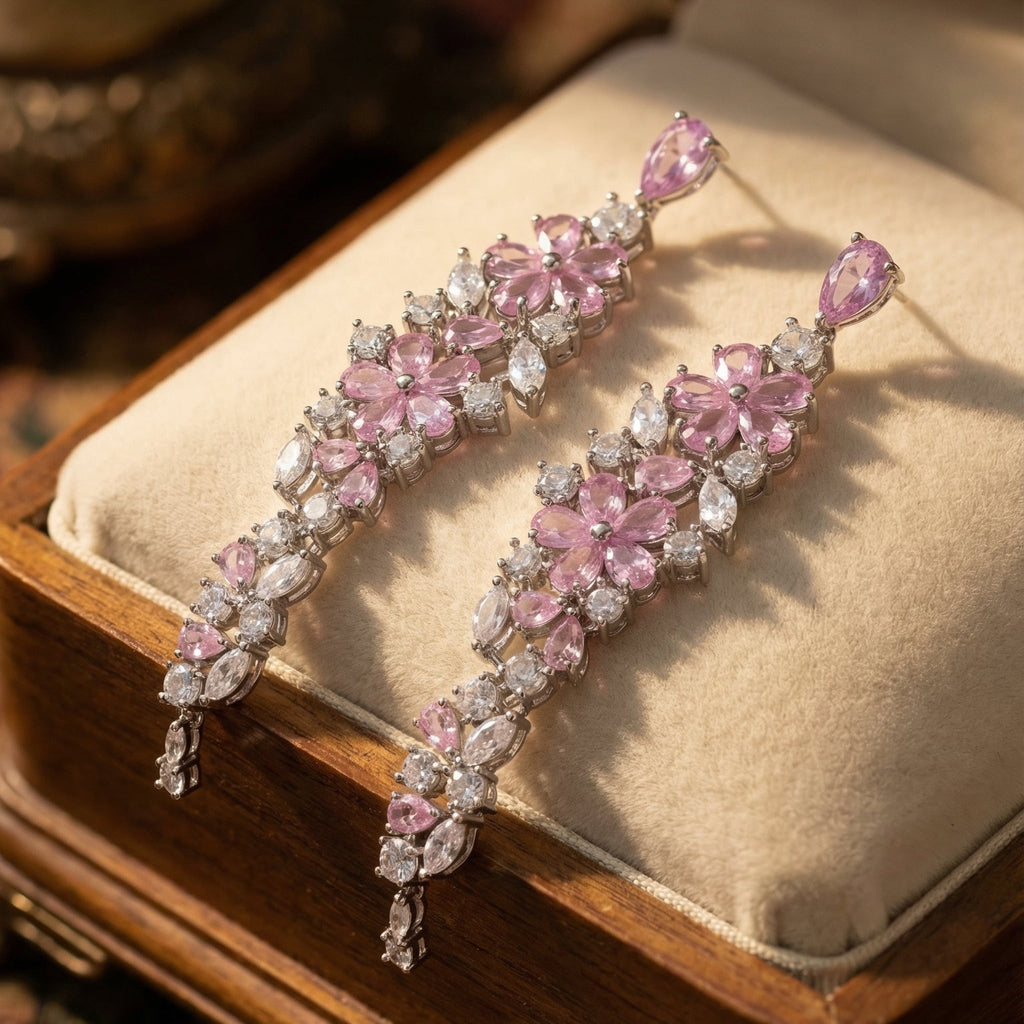 Elegant floral-inspired cascading drop earrings with white & pink cubic zirconia stones.