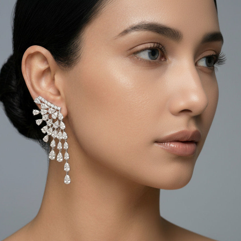 Silver-Tone Cascading American Diamond Waterfall Earrings