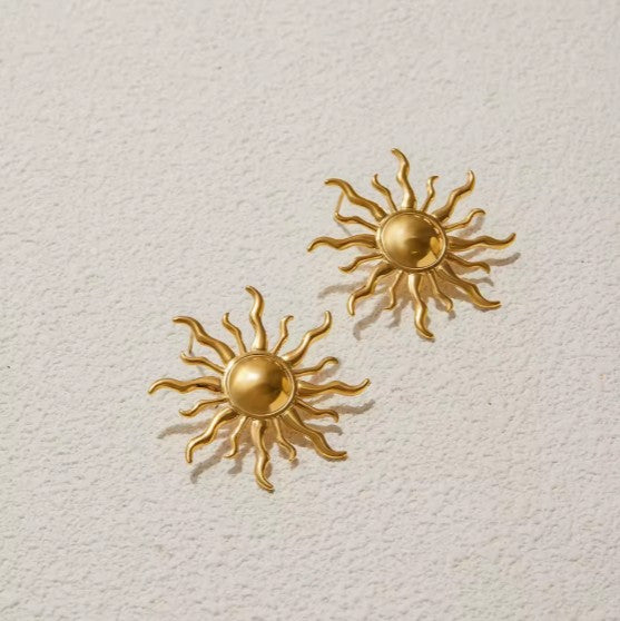 Stainless Steel Gold Plated  Sunburst Stud Earrings.