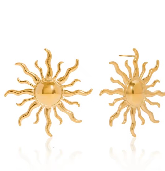 Stainless Steel Gold Plated  Sunburst Stud Earrings.