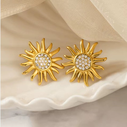Gold-tone Sun Stud Earrings With Cubic Zirconia Stones.