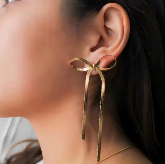 Gold Plated Stainless Steel  Bow Drop Earrings