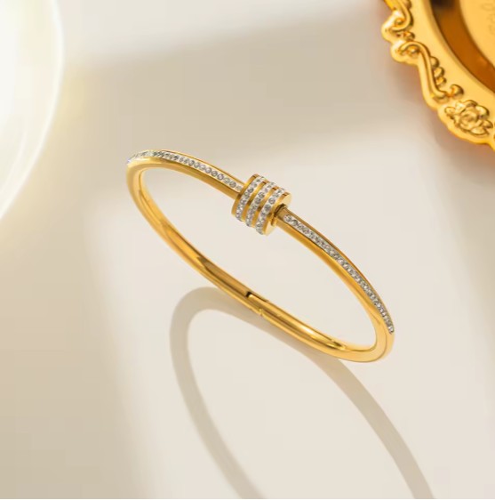Gold Plated  Stainless Steel American Diamond Studded Bangle Style Bracelet