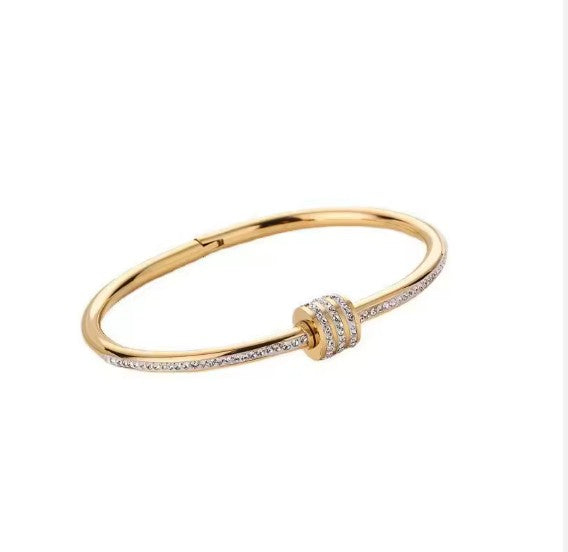 Gold Plated  Stainless Steel American Diamond Studded Bangle Style Bracelet