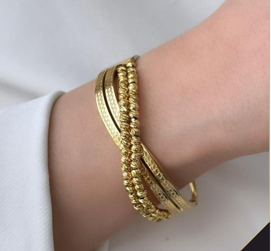 Gold plated stainless stell Twisted and Beaded Bangle Bracelet
