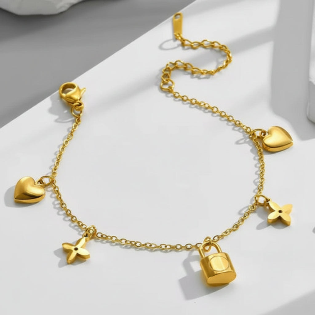 Classic Gold Plated Stainless Steel Chain Bracelet with clover and lock charms