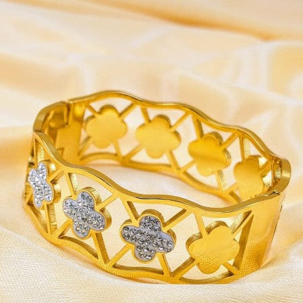 Gold Plated Stainless Steel Clover Bracelet with white stones