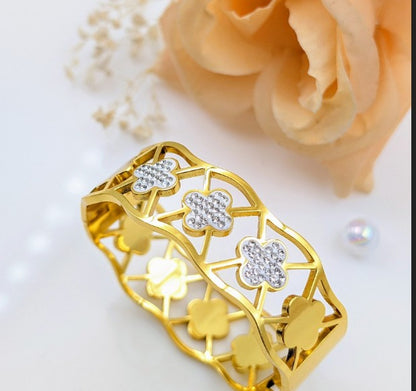 Gold Plated Stainless Steel Clover Bracelet with white stones
