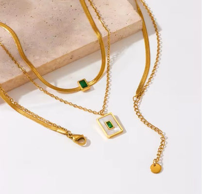 Double Layer Snake Chain Square Shell Zircon Pendant Necklace