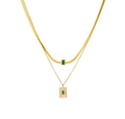 Double Layer Snake Chain Square Shell Zircon Pendant Necklace