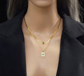 Double Layer Snake Chain Square Shell Zircon Pendant Necklace
