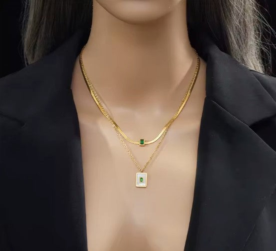 Double Layer Snake Chain Square Shell Zircon Pendant Necklace
