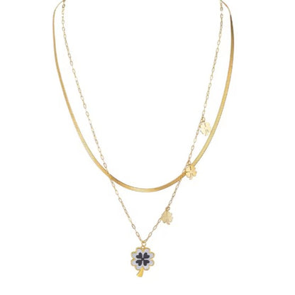 Snake Chain Design Two Layer Necklace With White and Black Clover Pendant
