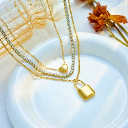 Multi Layer Heart and Lock Zirconia studed Pendant Necklace