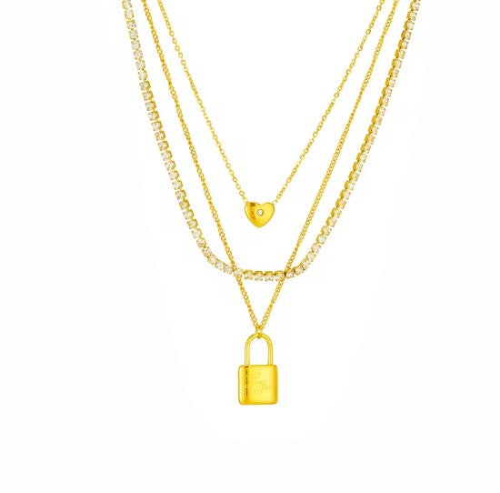 Multi Layer Heart and Lock Zirconia studed Pendant Necklace