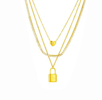 Multi Layer Heart and Lock Zirconia studed Pendant Necklace
