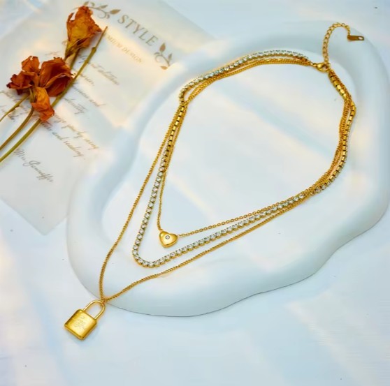 Multi Layer Heart and Lock Zirconia studed Pendant Necklace