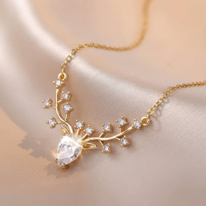 Deer Pendant Necklace With White  Zircons.