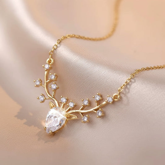 Deer Pendant Necklace With White  Zircons.