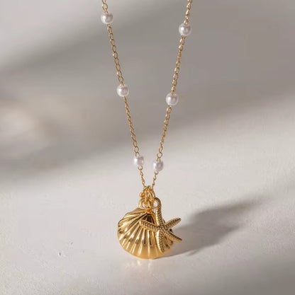 Shell and Star Fish Charm Perl Necklace