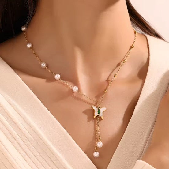 Butterfly Pearl Tassel Pendant Necklace