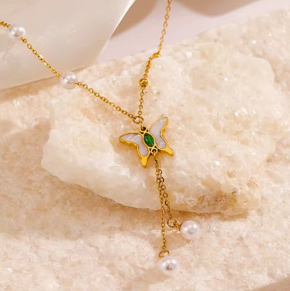 Butterfly Pearl Tassel Pendant Necklace