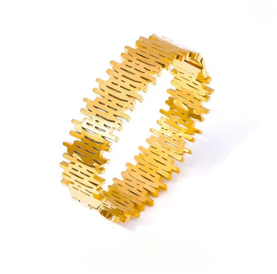 Stainless Steel Gold Plated Geometric Irregular Striped Broad Bracelet