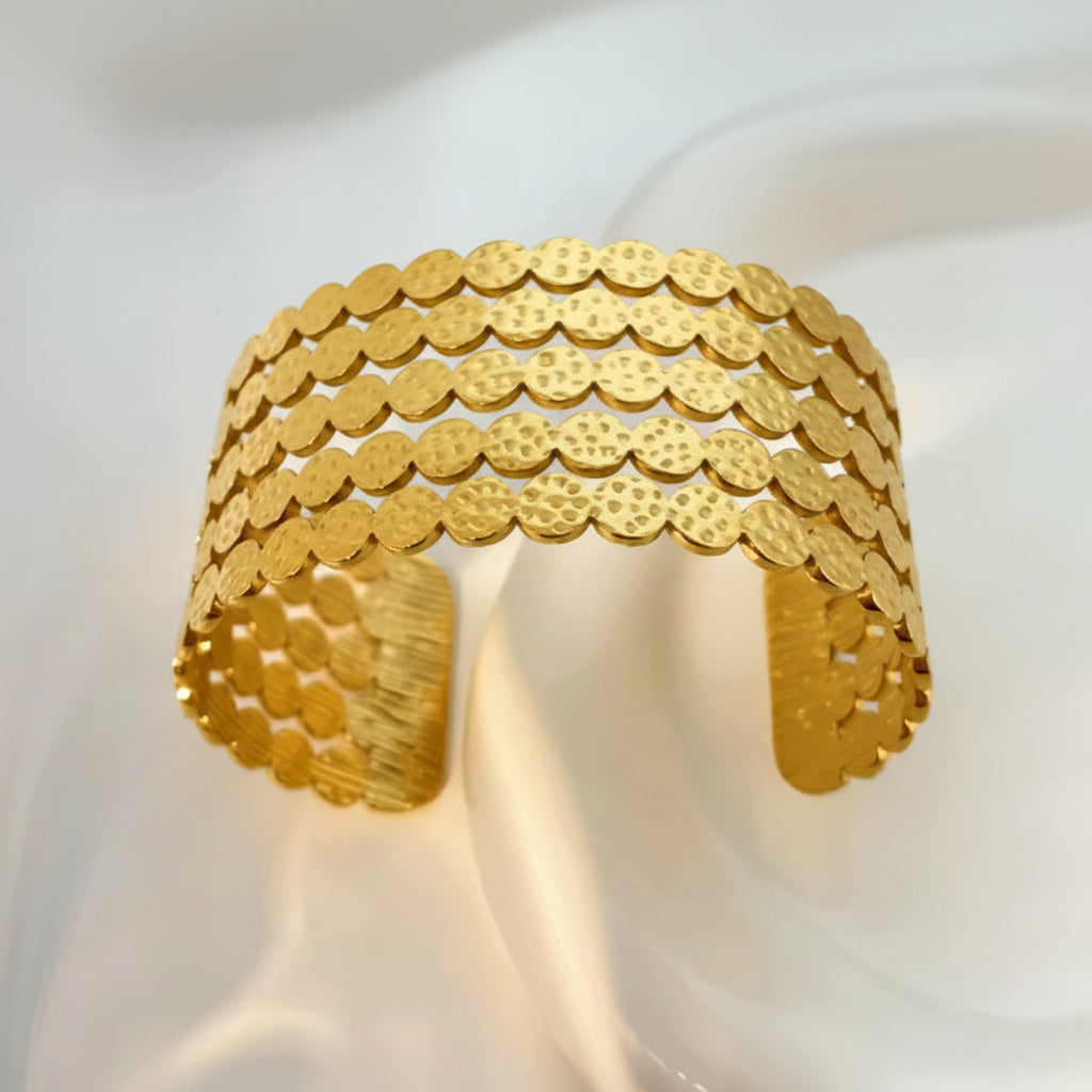 Stainless Steel Hammered Coin Disc Wide Gold Cuff Bracelet