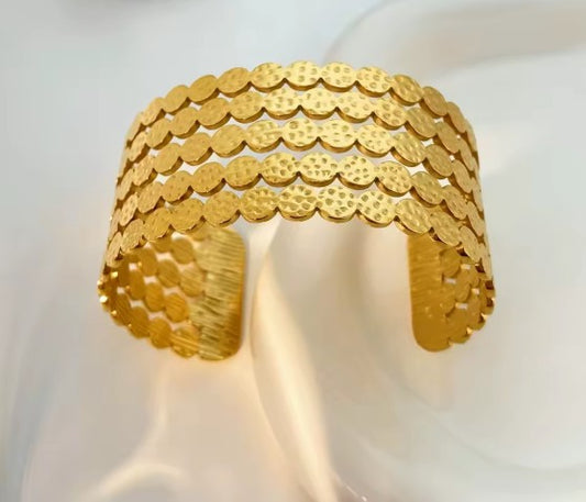 Stainless Steel Hammered Coin Disc Wide Gold Cuff Bracelet